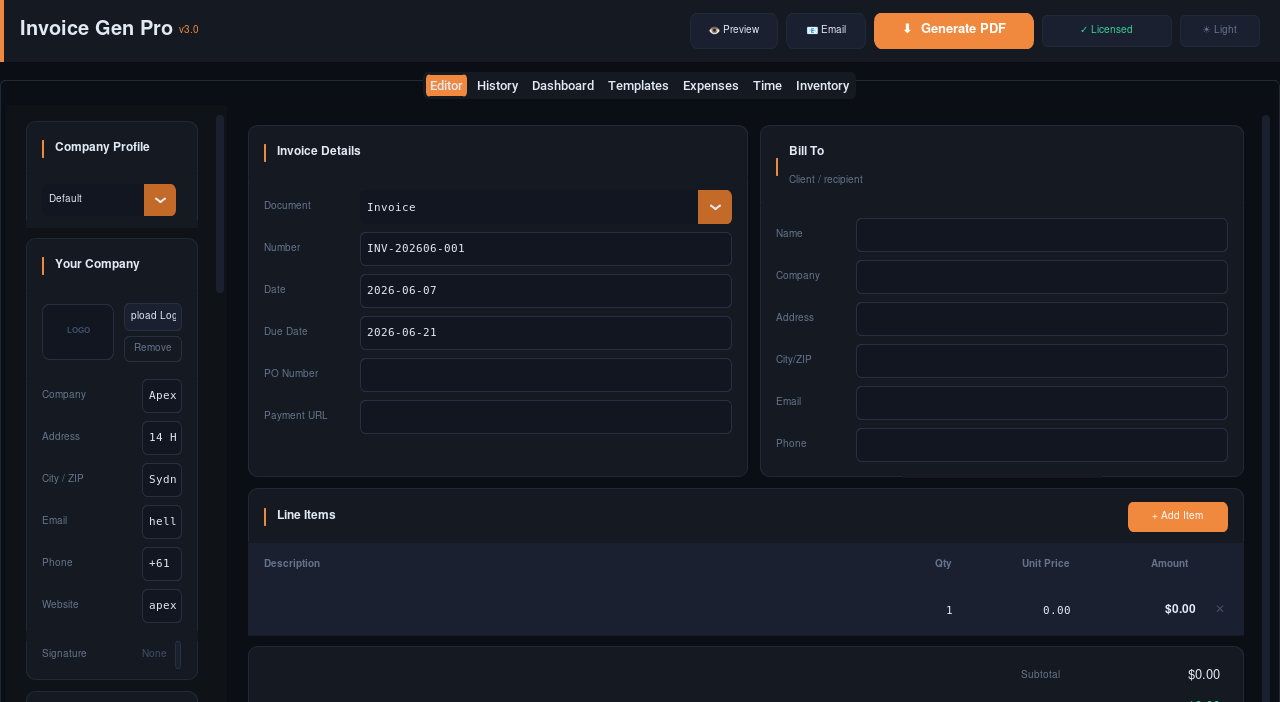 Invoice Gen Pro — main editor